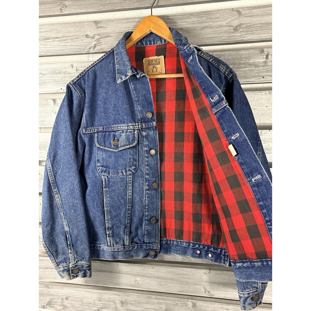 Gap Vintage 90s Denim Jean Jacket Mens Small Blue Plaid Flannel Lined Trucker